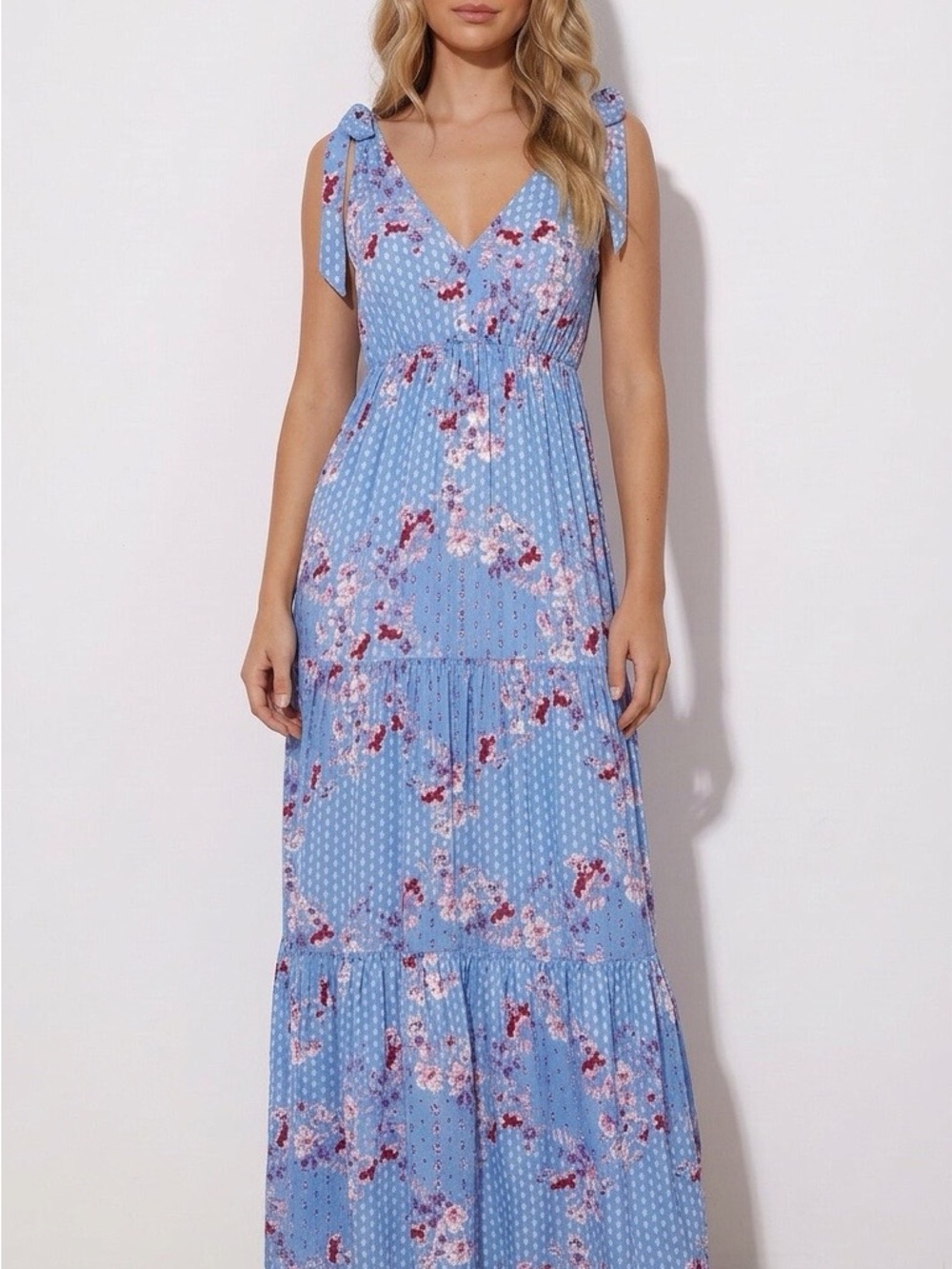 lovestitch Sky Blue Floral Tie-Shoulder Maxi Dress